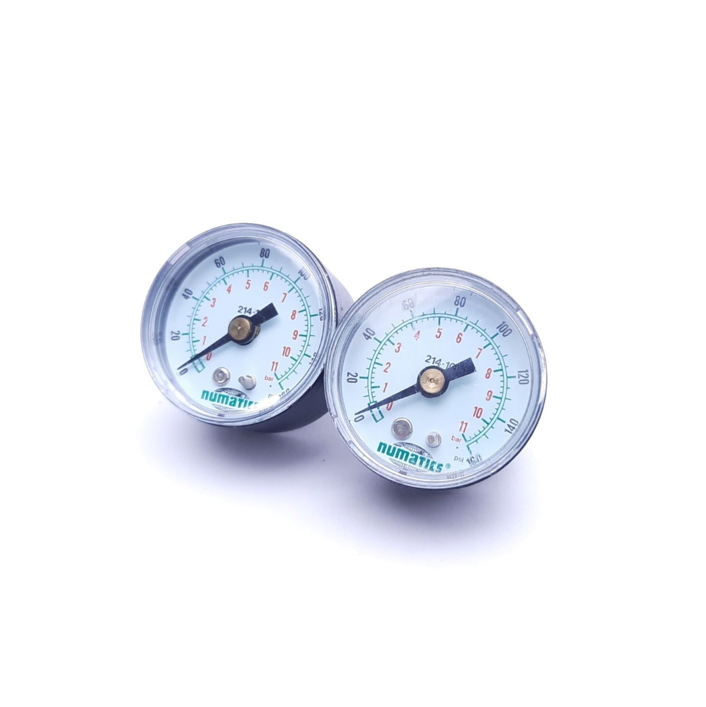 Used Lot of 2 Numatics 214-103 Pressure Gauges, 0-160 PSI, 1/8" NPT, 1.6" Diameter