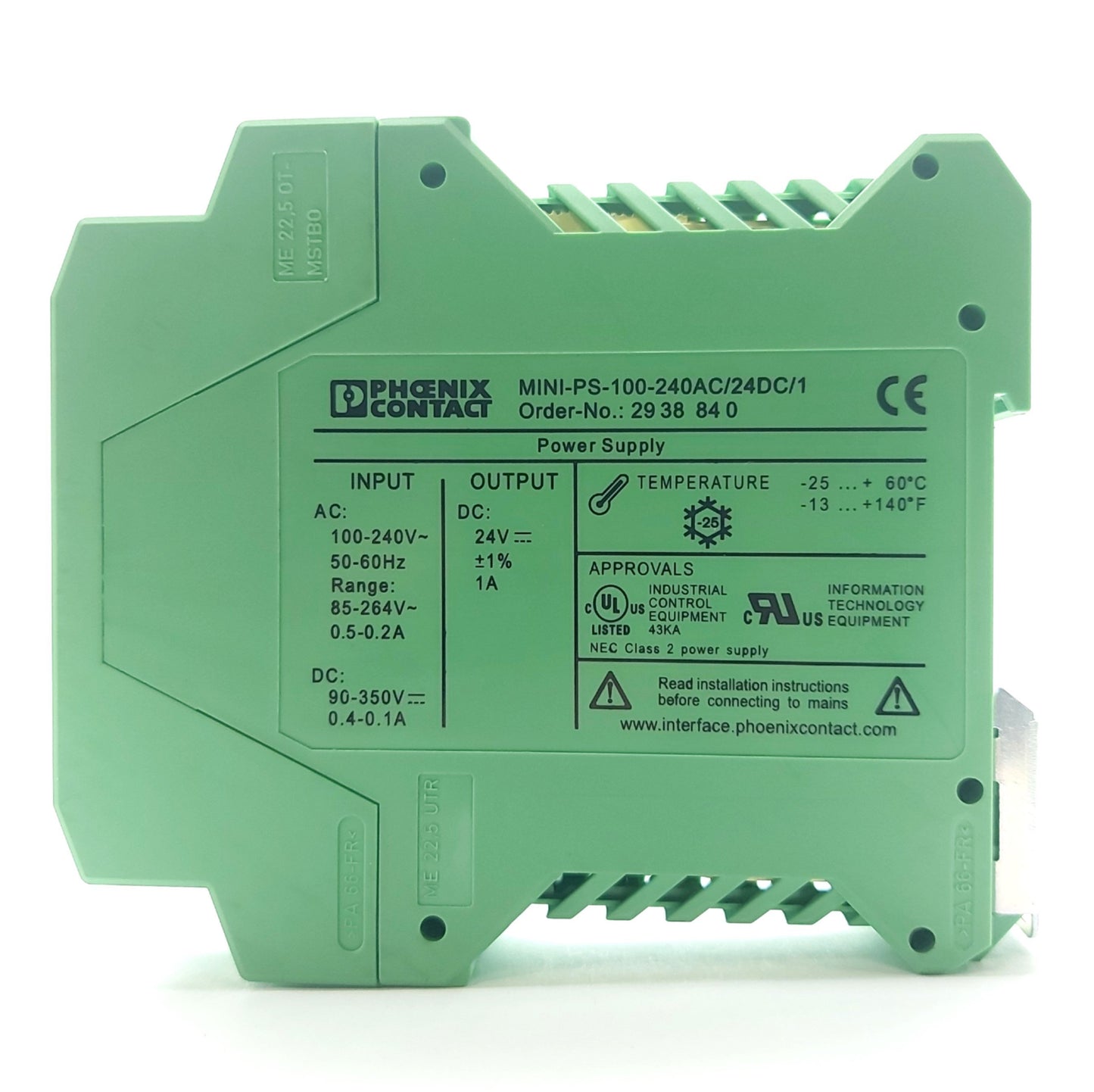 Used Phoenix Contact MINI-PS-100-240AC/24DC/1 Mini Power Supply, 24VDC 1A, DIN Rail