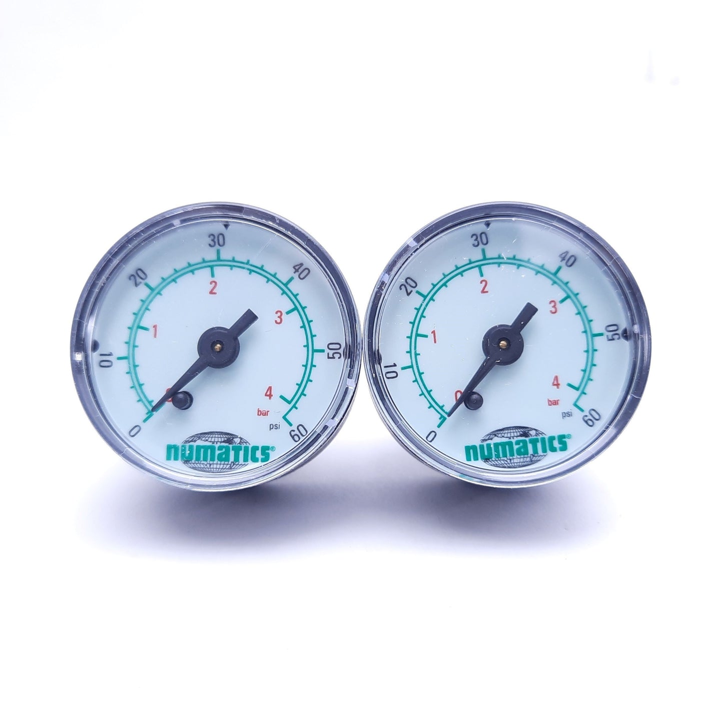 Used Lot of 2 Numatics GB060A-DM Pressure Gauges, 0-60 PSI, 1/4" NPT, 1.5" Diameter