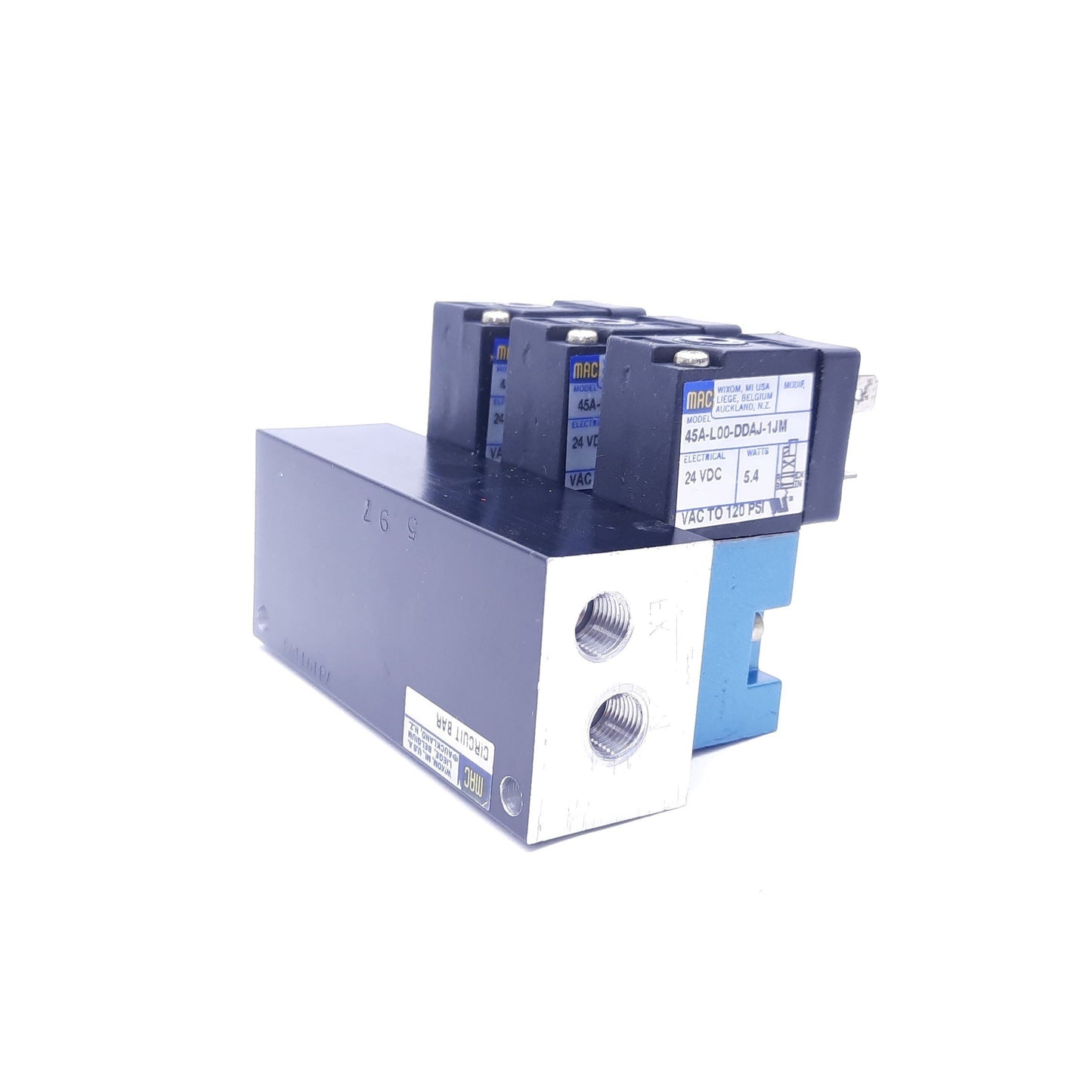 Used Bank Of (3) Mac 45A-L00-DDAJ-1JM Solenoid Valves, 4 Port Manifold, 24VDC, 120PSI