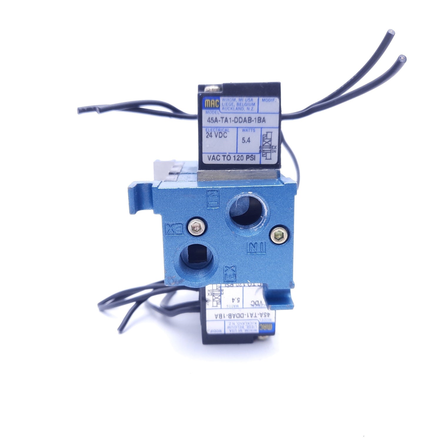 Used Bank of 3 MAC Solenoid Valves w/ Coils: x5 45A-TA1-DDAB-1BA, x1 35A-AAA-DAAA-1BA