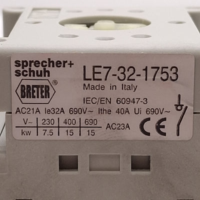 Used Sprecher Schuh LE7-32-1753 Disconnect Switch, 3-Pole, 32A 600VAC