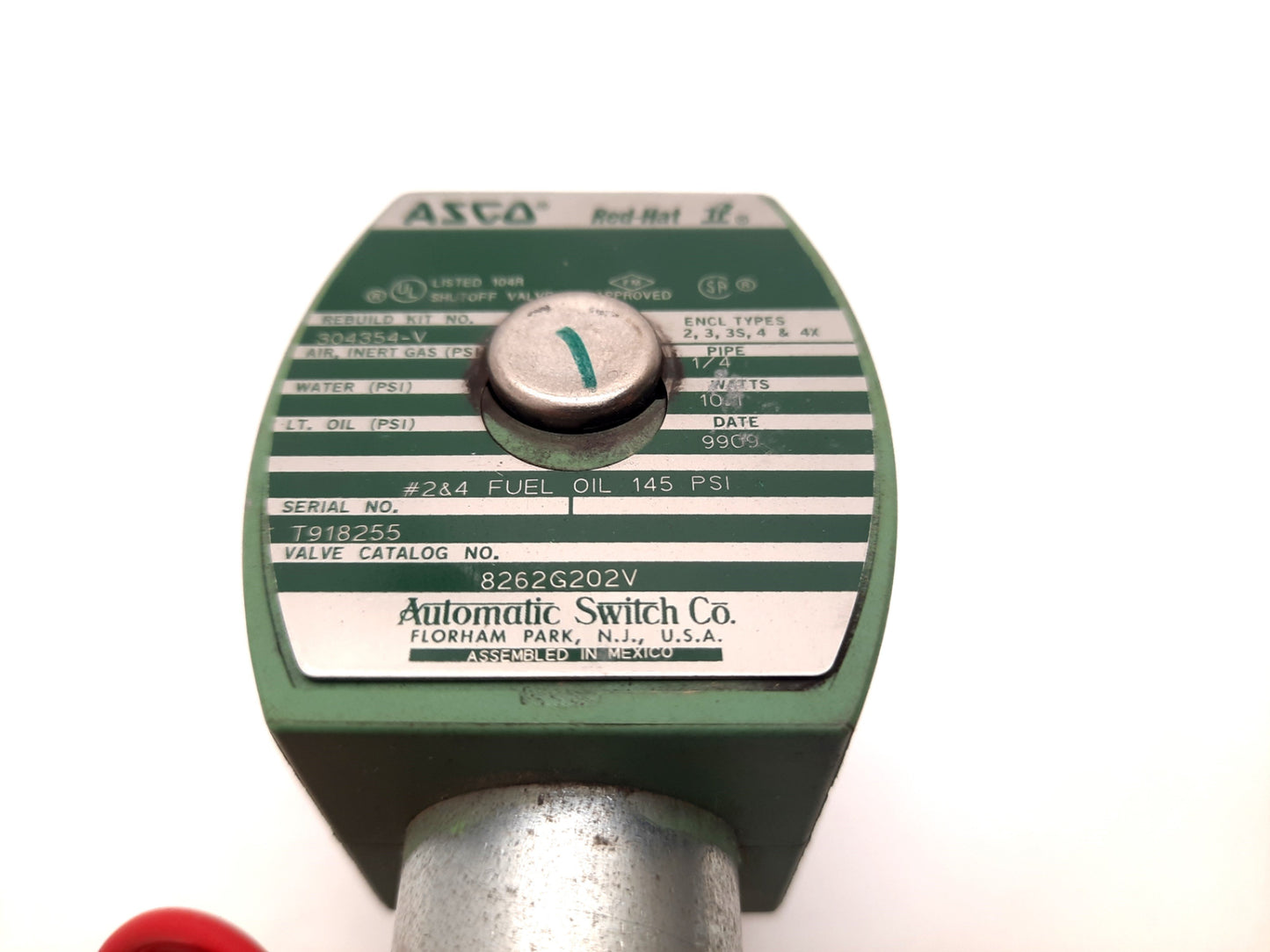 Used Asco Red-Hat 8262G202V Fuel Oil Solenoid Valve Pressure: 145psi, Ports: 1/4" NPT