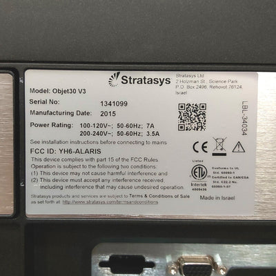 Used Stratasys Objet30 V3 PolyJet 3D Printer 294 x 192 x 148.6mm Black/White 120/240V