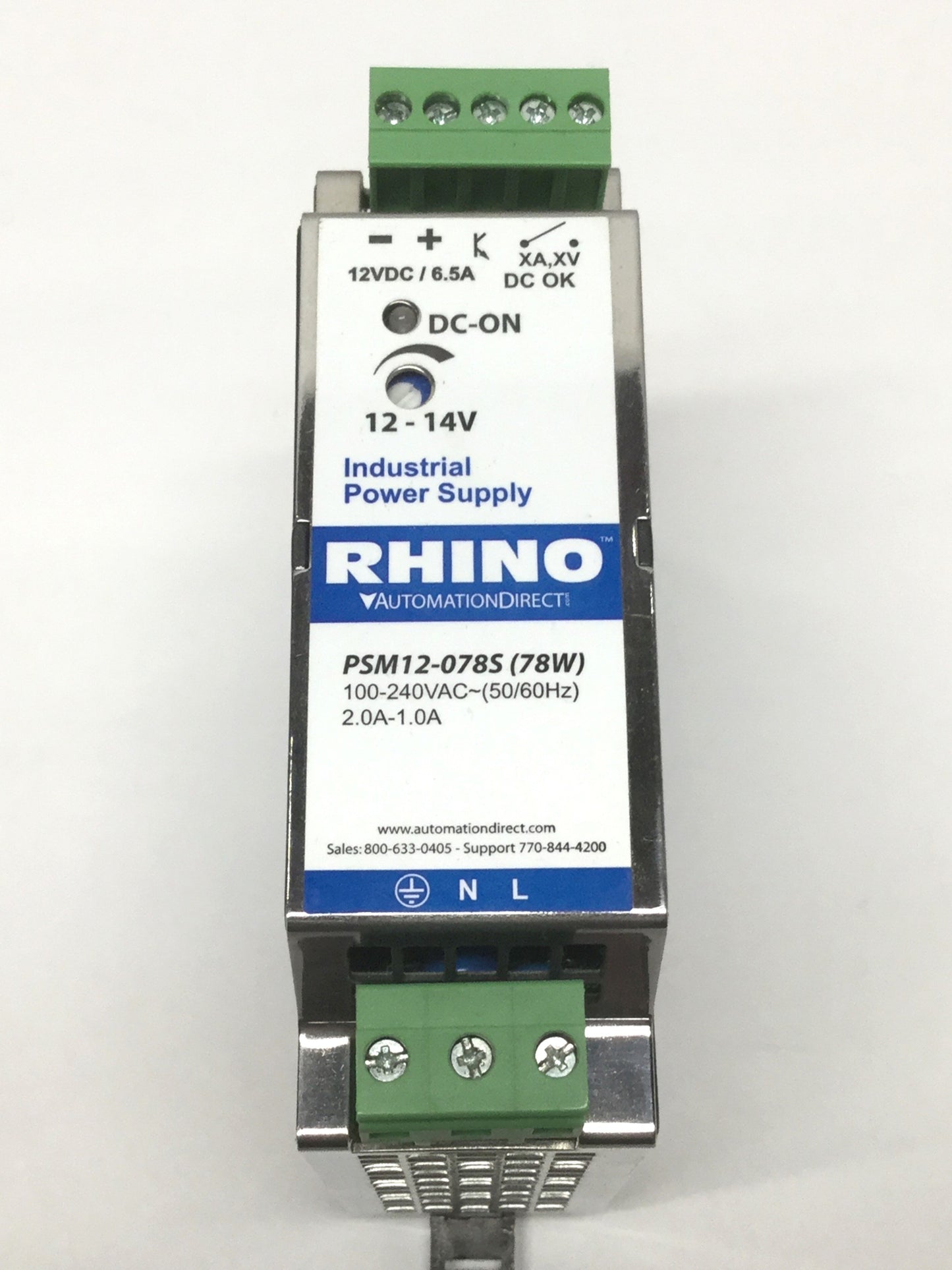 Used Rhino PSM12-078S (78W) Industrial Power Supply, 100-240VAC In, 12VDC 6.5A Out