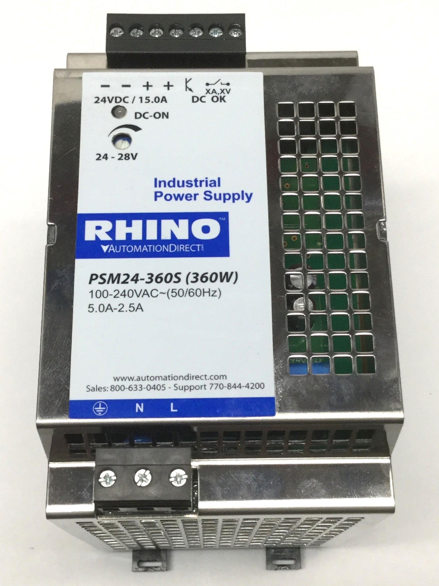 Used Rhino PSM24-360S (360W) Industrial Power Supply 100-240VAC Input, 24VDC 15A Out