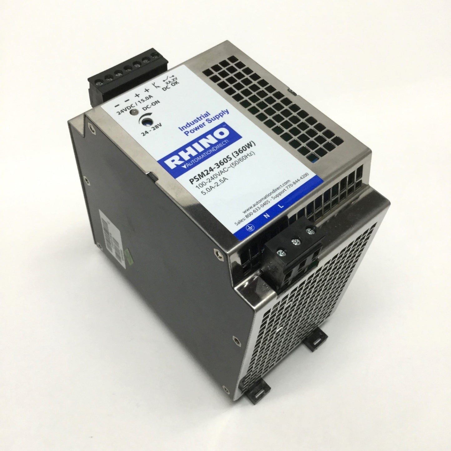 Used Rhino PSM24-360S (360W) Industrial Power Supply 100-240VAC Input, 24VDC 15A Out