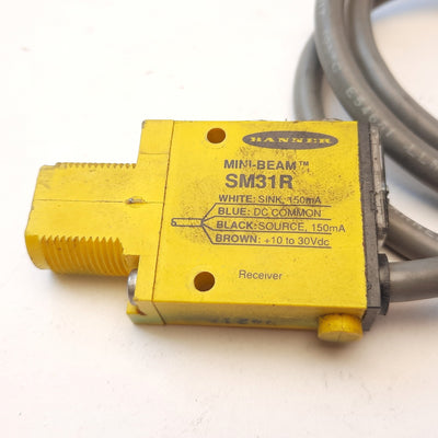 Used Banner SM31R Mini-Beam LED Photoelectric Receiver, Voltage: 10-30VDC, Range: 3 m