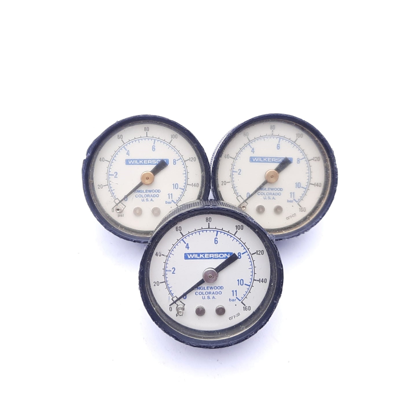 Used Lot of 3 Wilkerson 094-04 Pneumatic Pressure Gauges, 0-160 PSI, 1/8" NPT