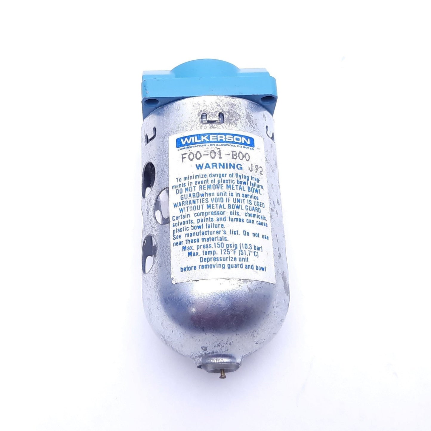Used Wilkerson F00-01-B00 Pneumatic Air Filter, 0-150 PSIG/0-10 bar, 125°F, 1/8" NPT