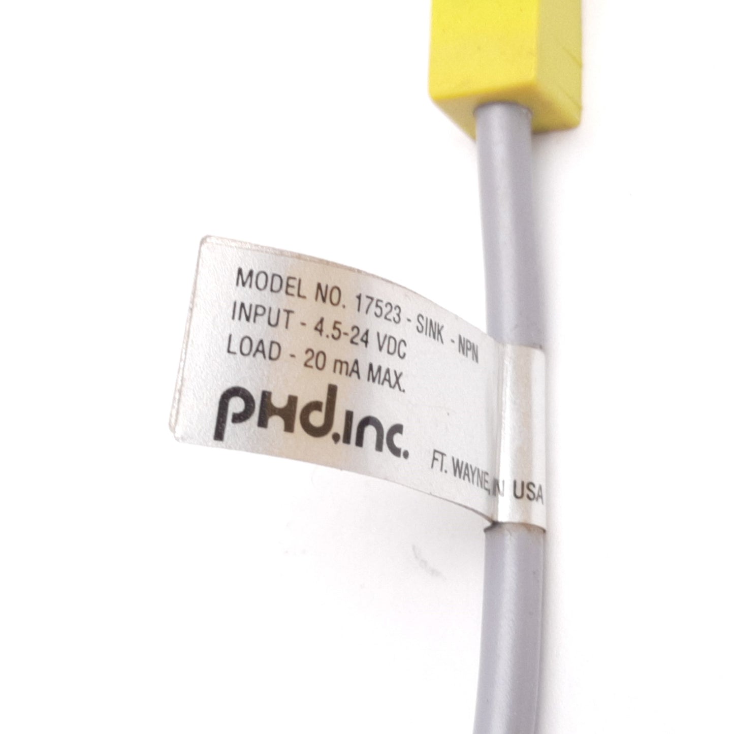 Used PHD 17523-1 Cylinder Switch Proximity Sensor, 3-Pin Male, W/ 17000-34-0 Bracket