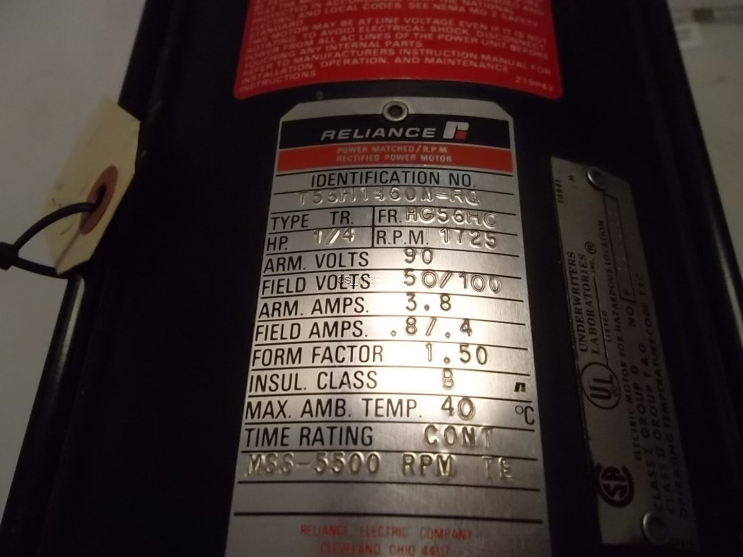 Used Reliance T56H1460N-RQ Explosion Proof Motor 1/4HP 90VDC 1725RPM HG56HC