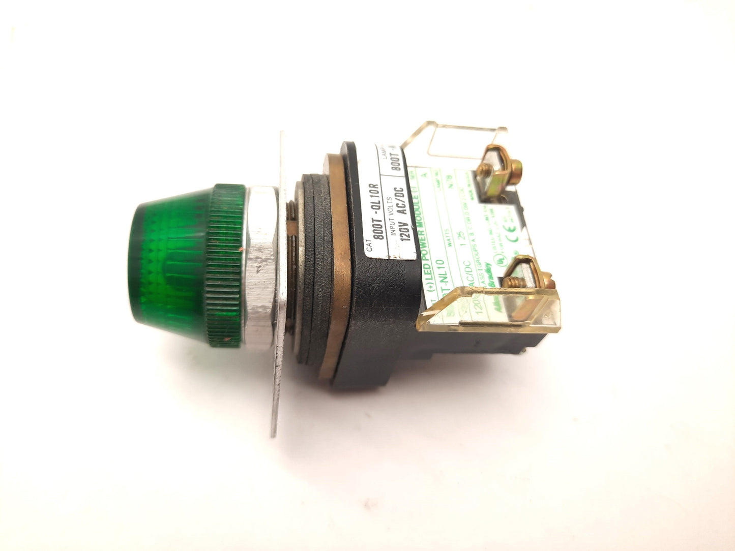 Used Allen Bradley 800T-QL10R LED Green Pilot Indicator Lights, 120V AC/DC