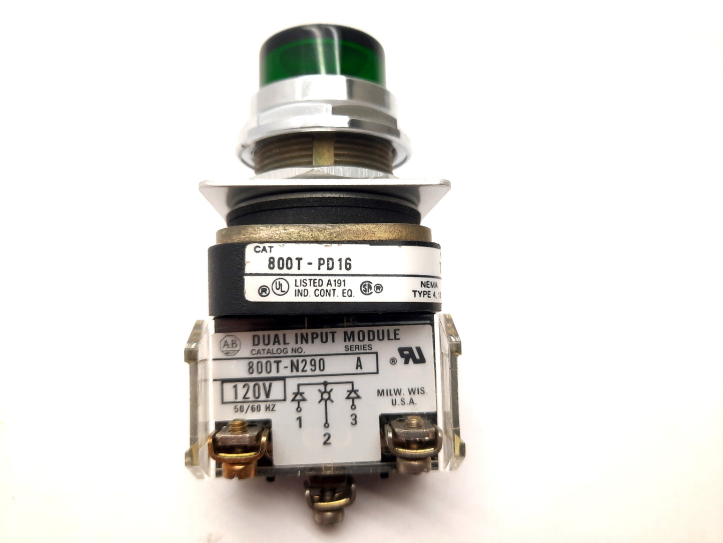 Used Allen Bradley 800T-PD16 Green Pilot Light Dual Input Diode Module 120VAC