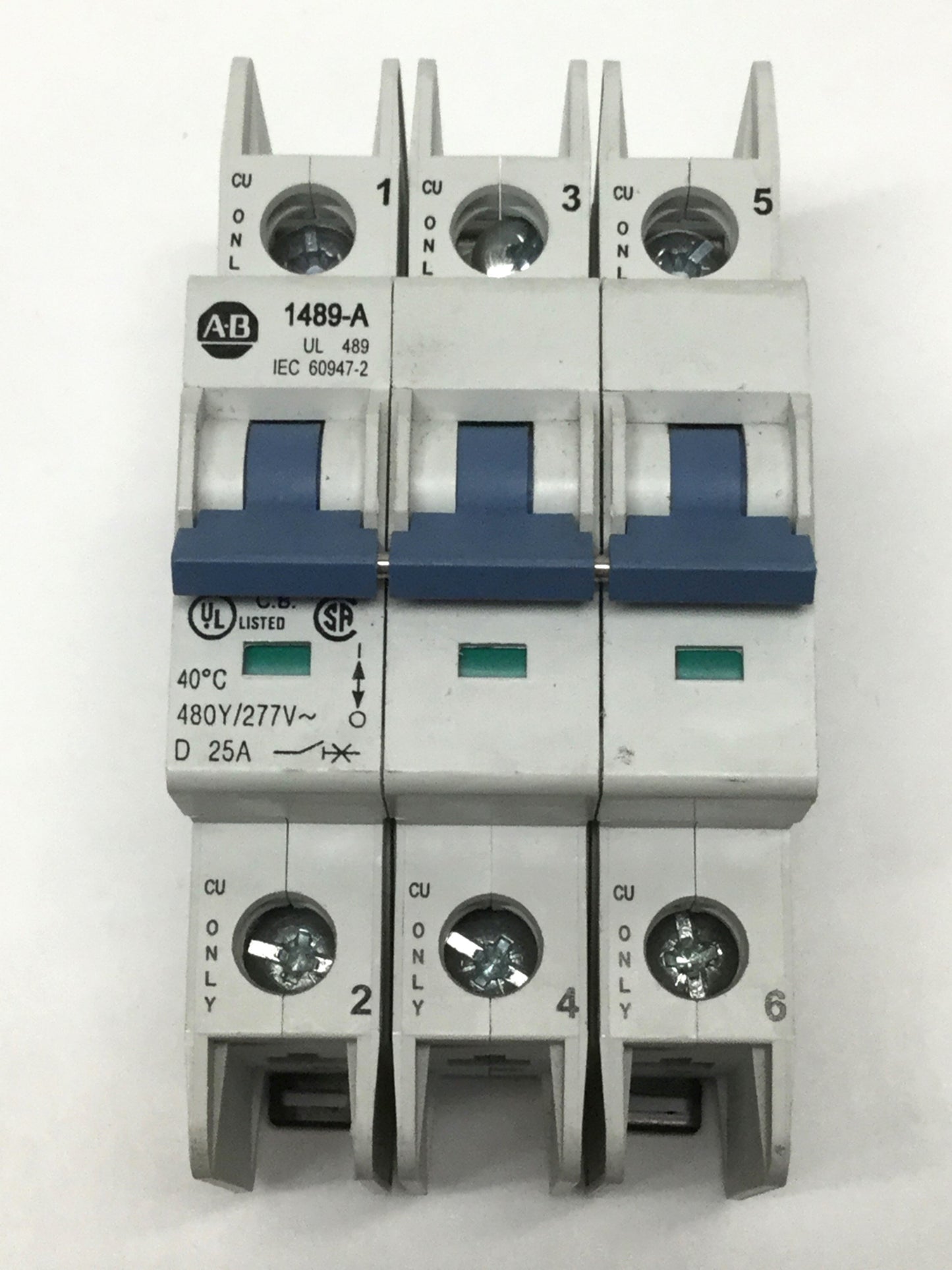 Used Allen-Bradley 1489-A3D250 Circuit Breaker D-Curve, 25A, 3-Pole, 480Y/277VAC