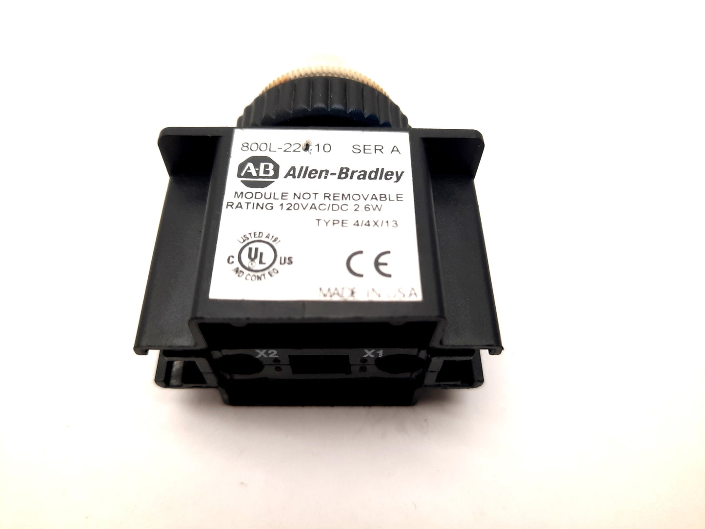 Used Allen-Bradley 800L-22L10C Pilot Indicator Light, 22.5mm, LED, 120V AC/DC, Clear