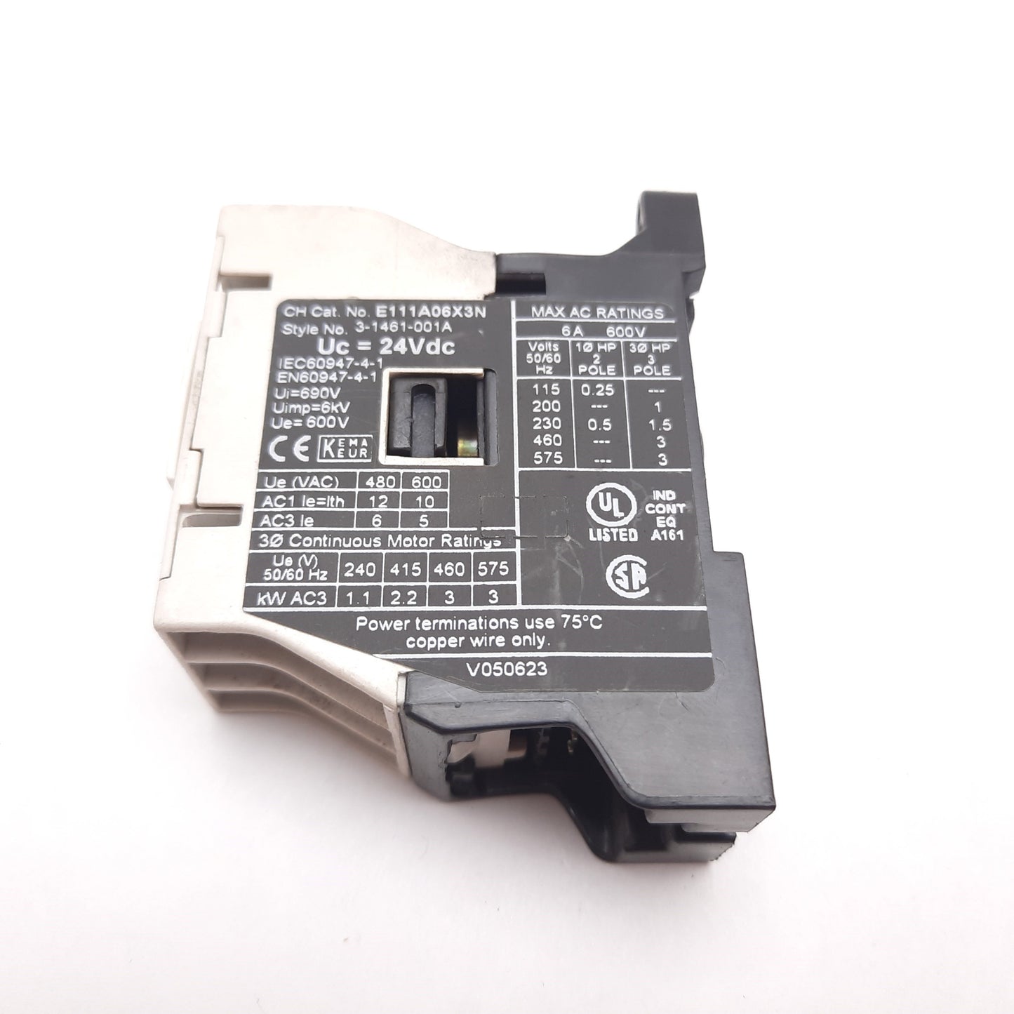 Used Eaton Cutler Hammer E111A06X3N Motor Control Contactor 6A 600VAC, Coil: 24VDC
