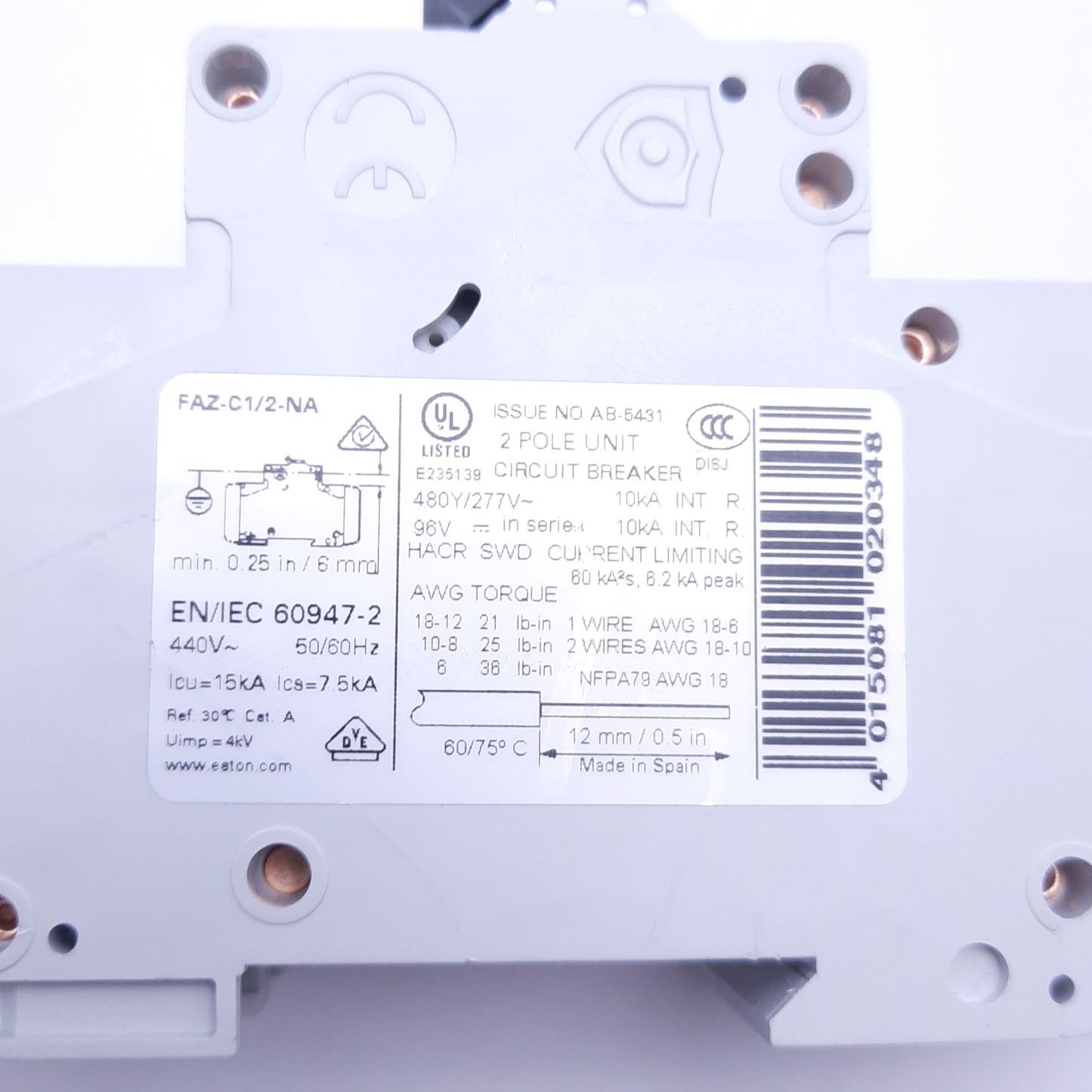 Used Eaton FAZ-C1/2-NA Circuit Breaker, 50/60Hz, 2 Pole Unit, 48VDC/480VAC 1A
