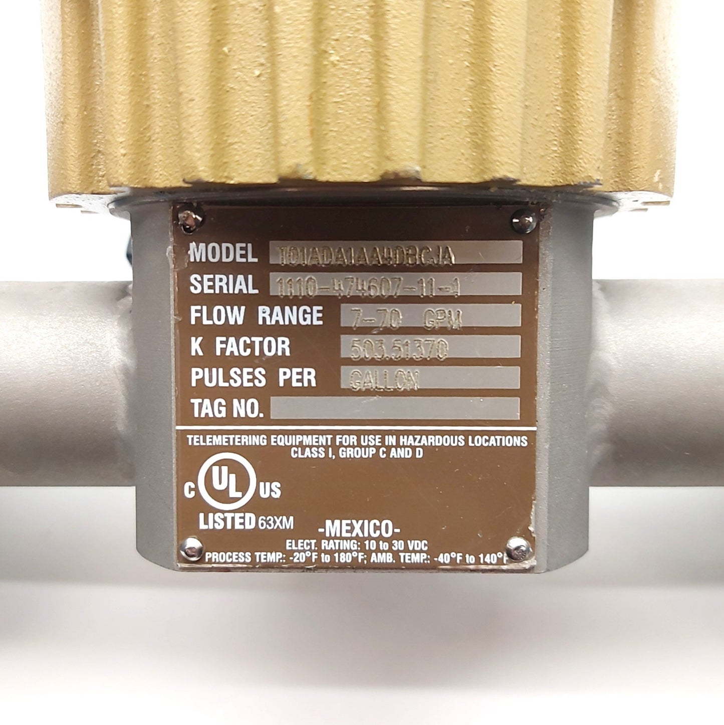 Used Daniel T01ADA1AA4DBCJA Flowmeter 7-70GPM 1"ID Pipe Pulse Per Gallon 10-30VDC