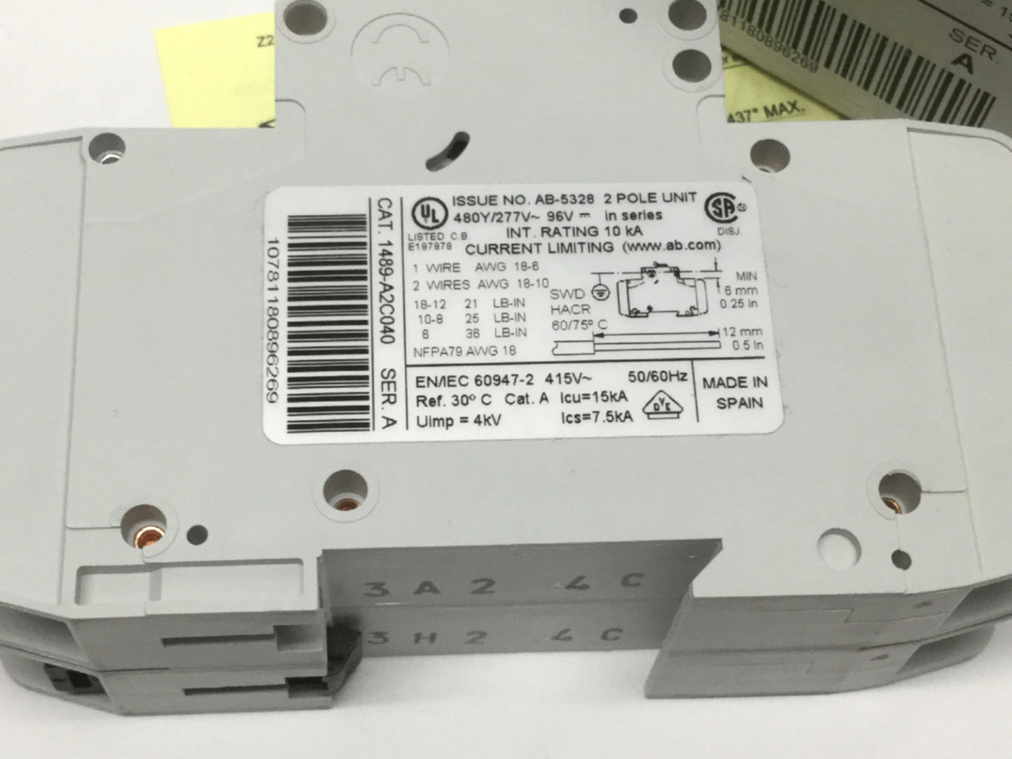 New Allen Bradley 1489-A2C040 Miniature Circuit Breaker, 2-Pole 480Y/277VAC/48VDC 4A