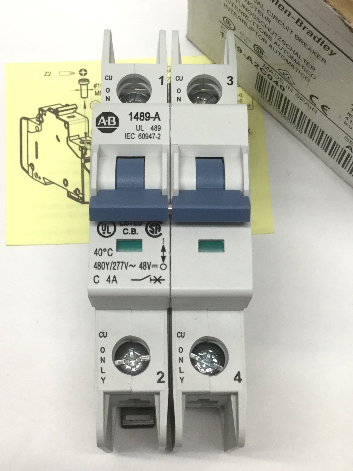 New Allen Bradley 1489-A2C040 Miniature Circuit Breaker, 2-Pole 480Y/277VAC/48VDC 4A