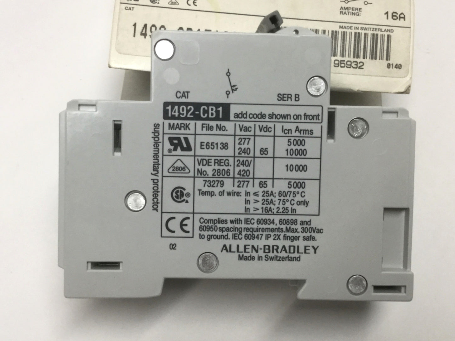 New Allen Bradley 1492-CB1F160-N Supplementary Circuit Breaker 1P+Neutral, 16A