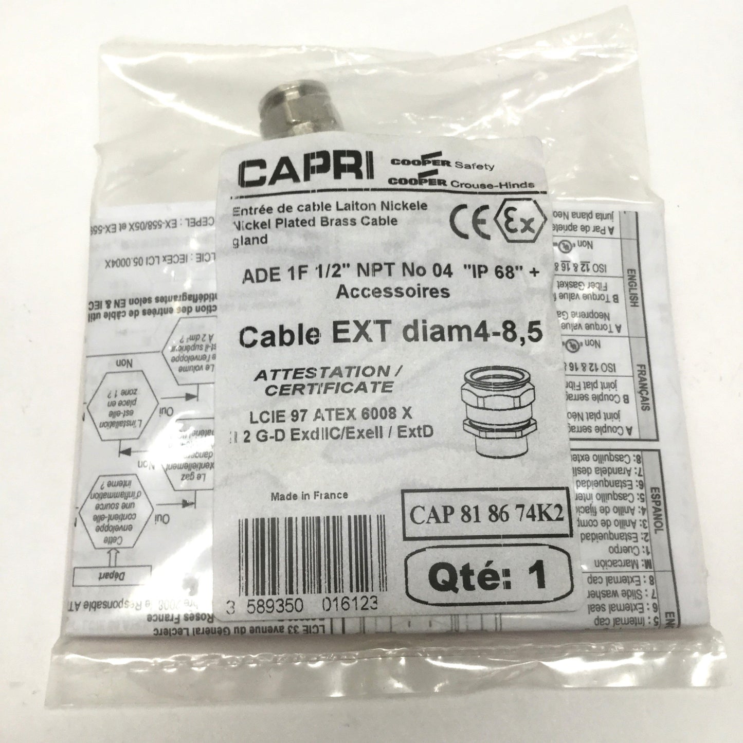 New Capri Crouse Hinds ADE 1F No 4 Hazardous Location Cable Gland 1/2" NPT, 4-8.5mm