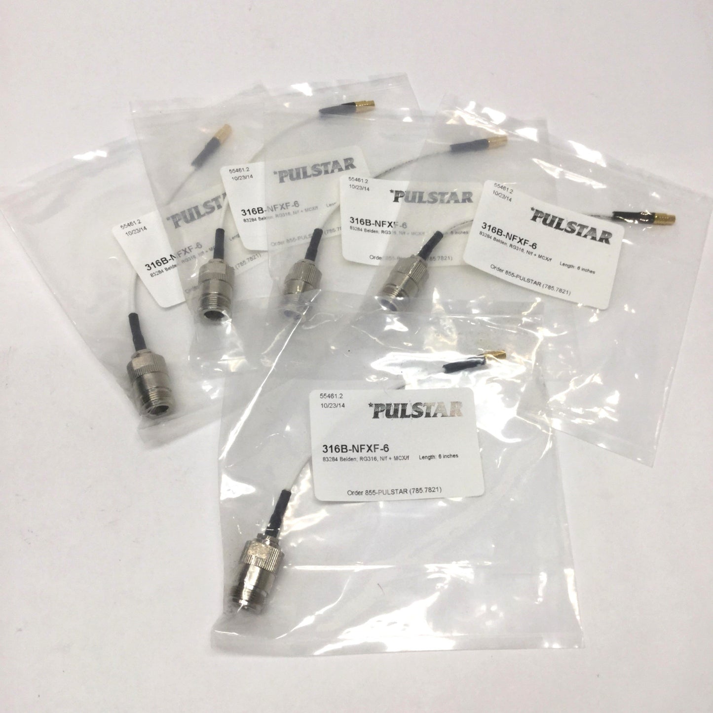 New Lot of 5 Pulstar 316B-NFXF-6 RF Jumper Cable RG316 Coaxial Female N to MCX, 6" L