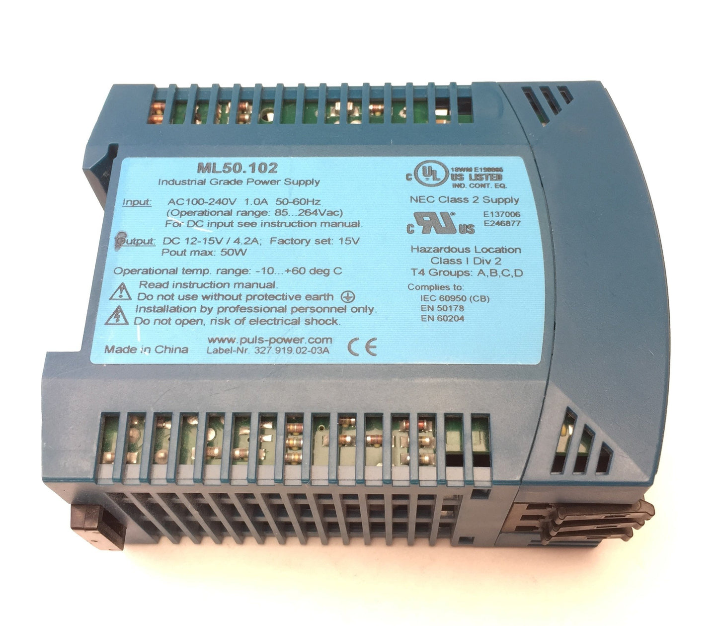 Used PULS ML50.102 Power Supply, In: 100-240VAC/110-300VDC, Out:12VDC DIN Rail Mount