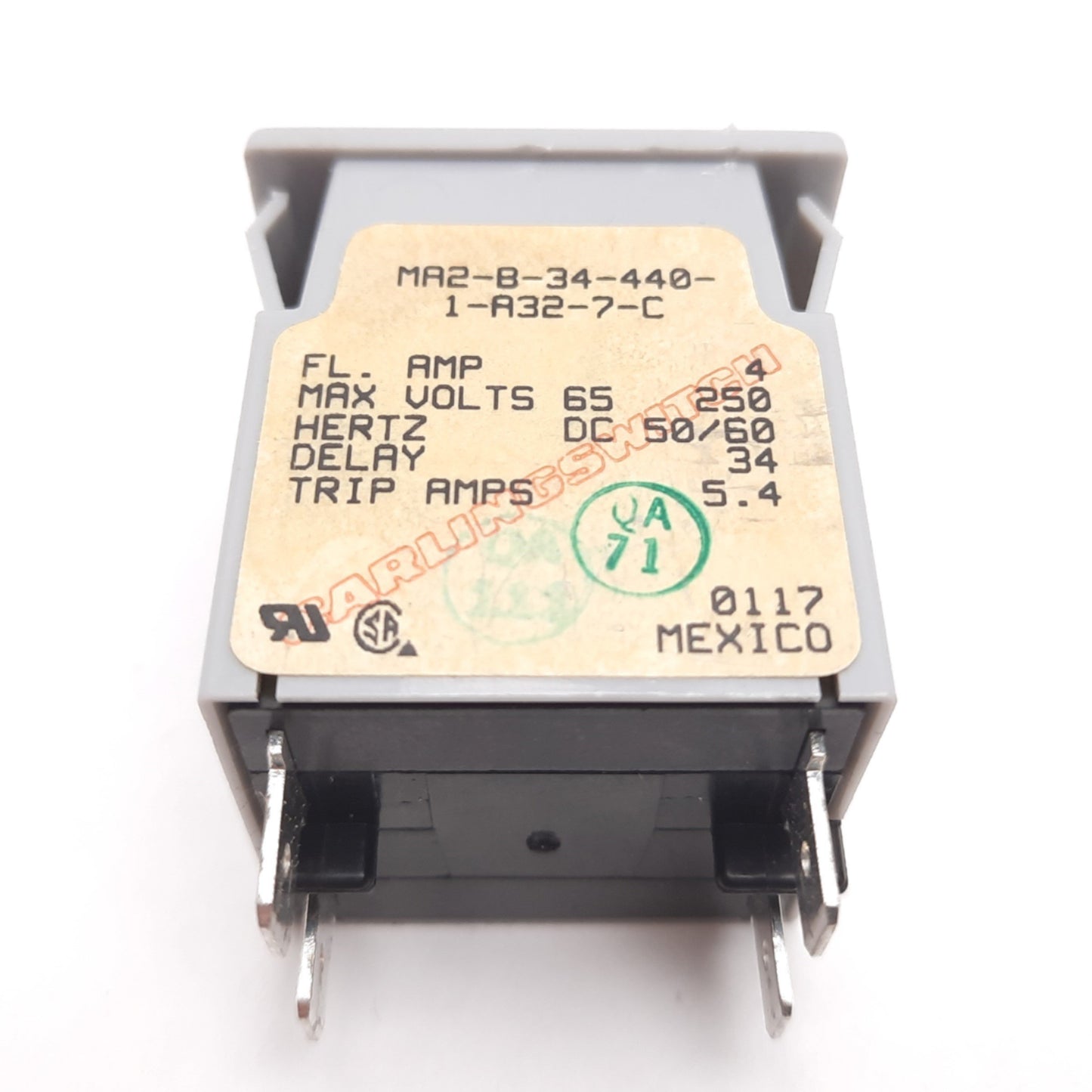 Used Carling Switch MA2-B-34-440-1-A32-7-C Circuit Breaker, 2-Pole, 4A 65VDC 250VAC