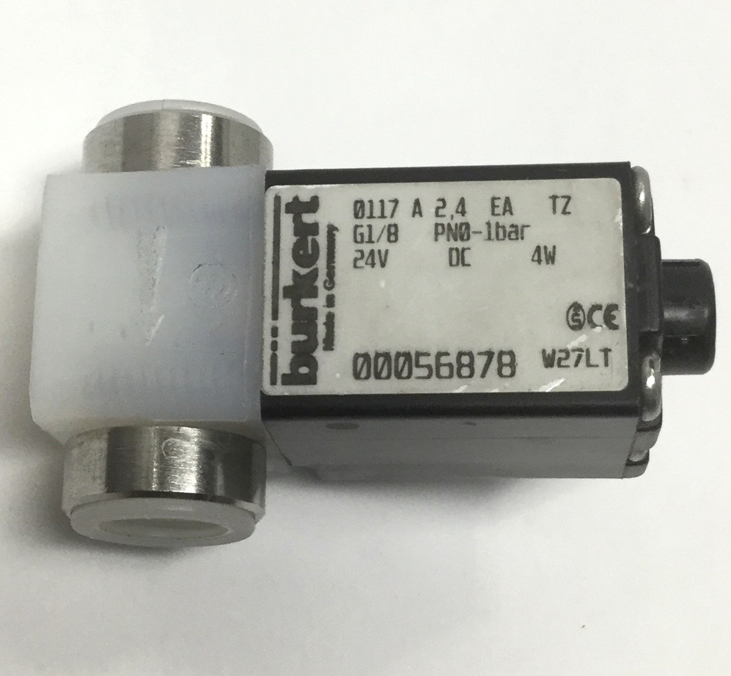 Used Burkert 0117 2/2-Way NC Solenoid Plunger Valve, PTFE, 24VDC Coil, G1/8, 0-1bar