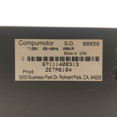 Used Parker ZETA6104 Compumotor Stepper Drive, 1-Axis, 4A, I/O In: 19 Out: 9, 120VAC