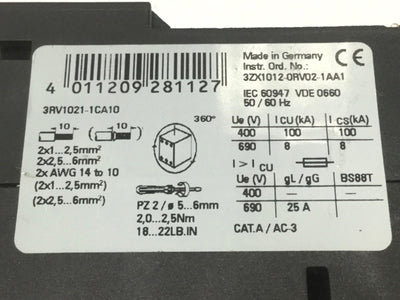 Used Siemens 3RV1021-1CA10 Sirius Motor Protector Circuit Breaker 1.8-2.5A Adjustable