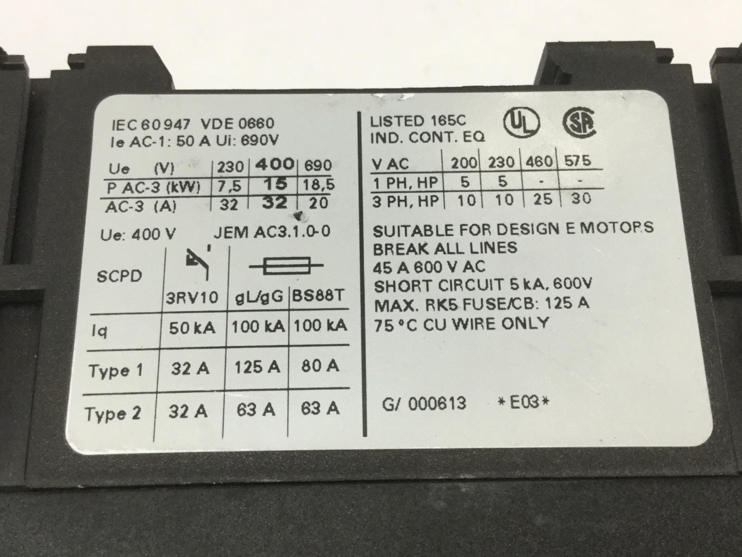 Used Siemens 3RT1034-1AG20 Sirius Power Contactor S2 3-Pole, 110VAC Coil, 32A 600VAC
