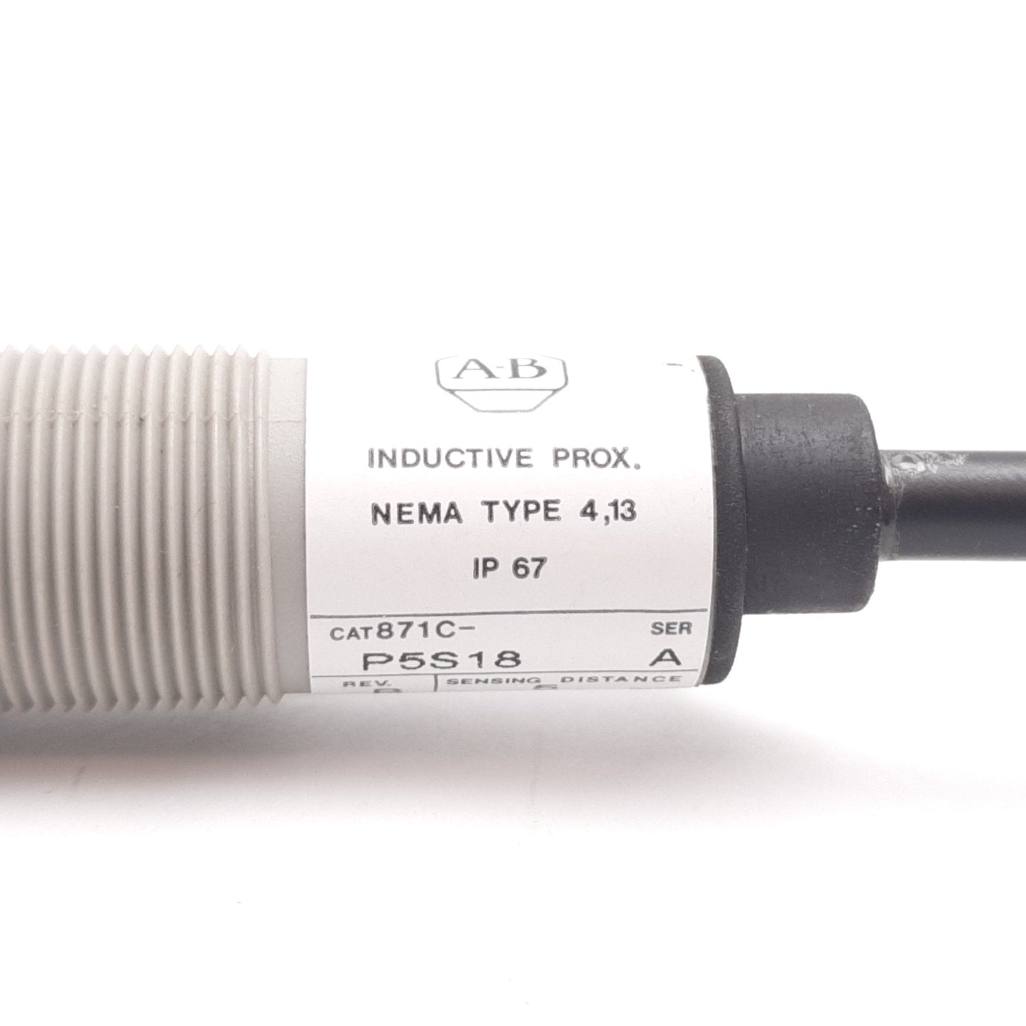 Used Allen Bradley 871C-P5S18 Inductive Proximity Sensor, 5mm, 10-30VDC, M18
