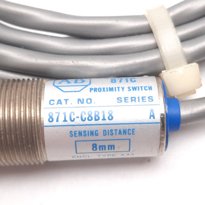Used Allen Bradley 871C-C8B18 Inductive Proximity Sensor, 8mm, 40-132VAC, 0.33A