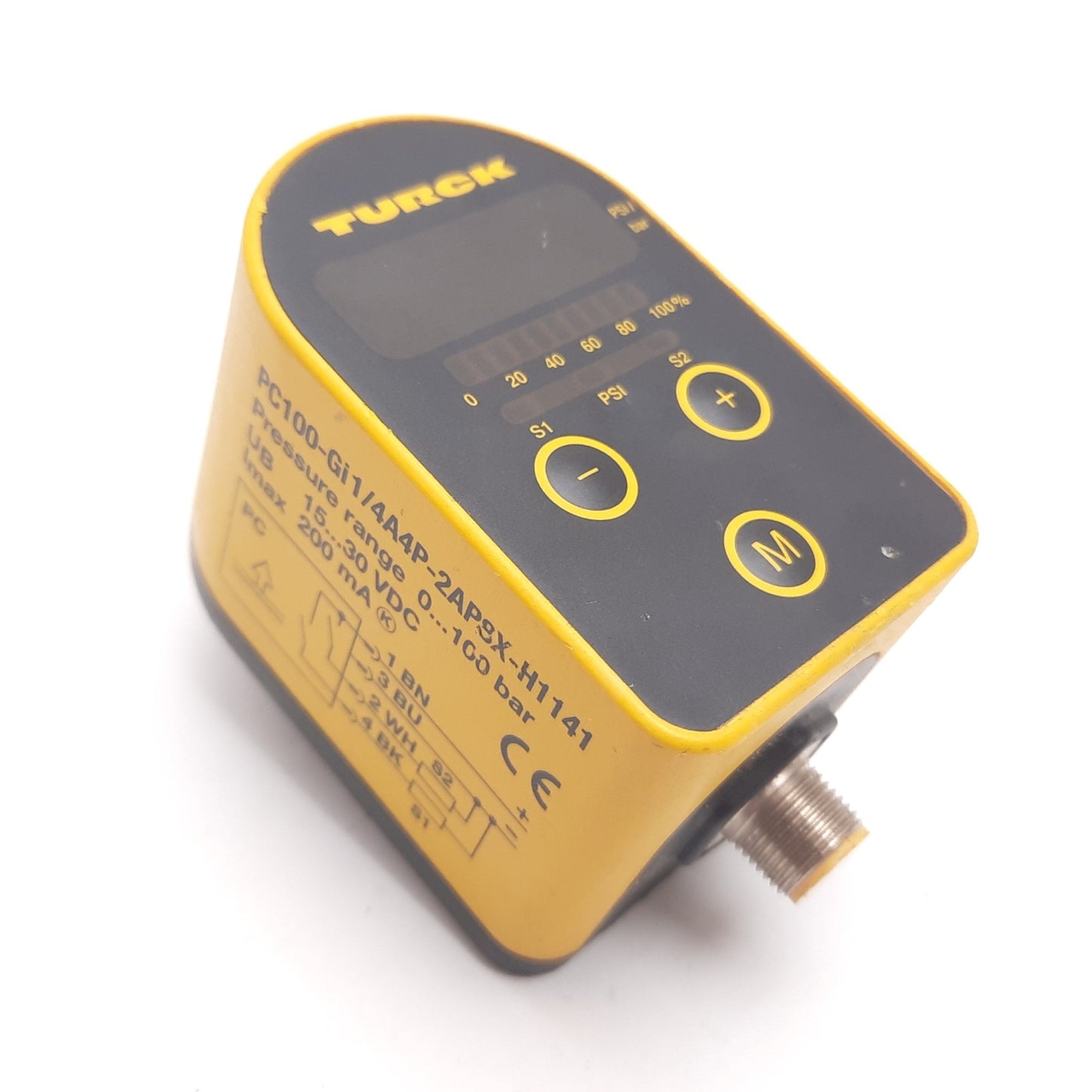 Used Turck PC100-Gi1/4A4P-2AP8X-H1141 Pressure Transmitter, 0-100bar, 15-30VDC, 200mA