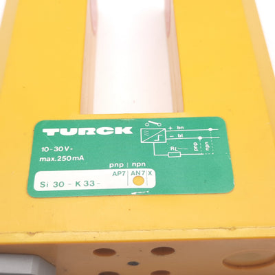 Used Turck Si30-K33-AN7 Inductive Slot Sensor, 30mm, 10-30VDC, 250mA, NPN Output