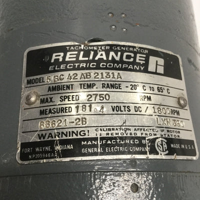 Used GE Reliance Electric 5BC24AB2131A Tachometer Generator 2750RPM, 181VDC/1800RPM