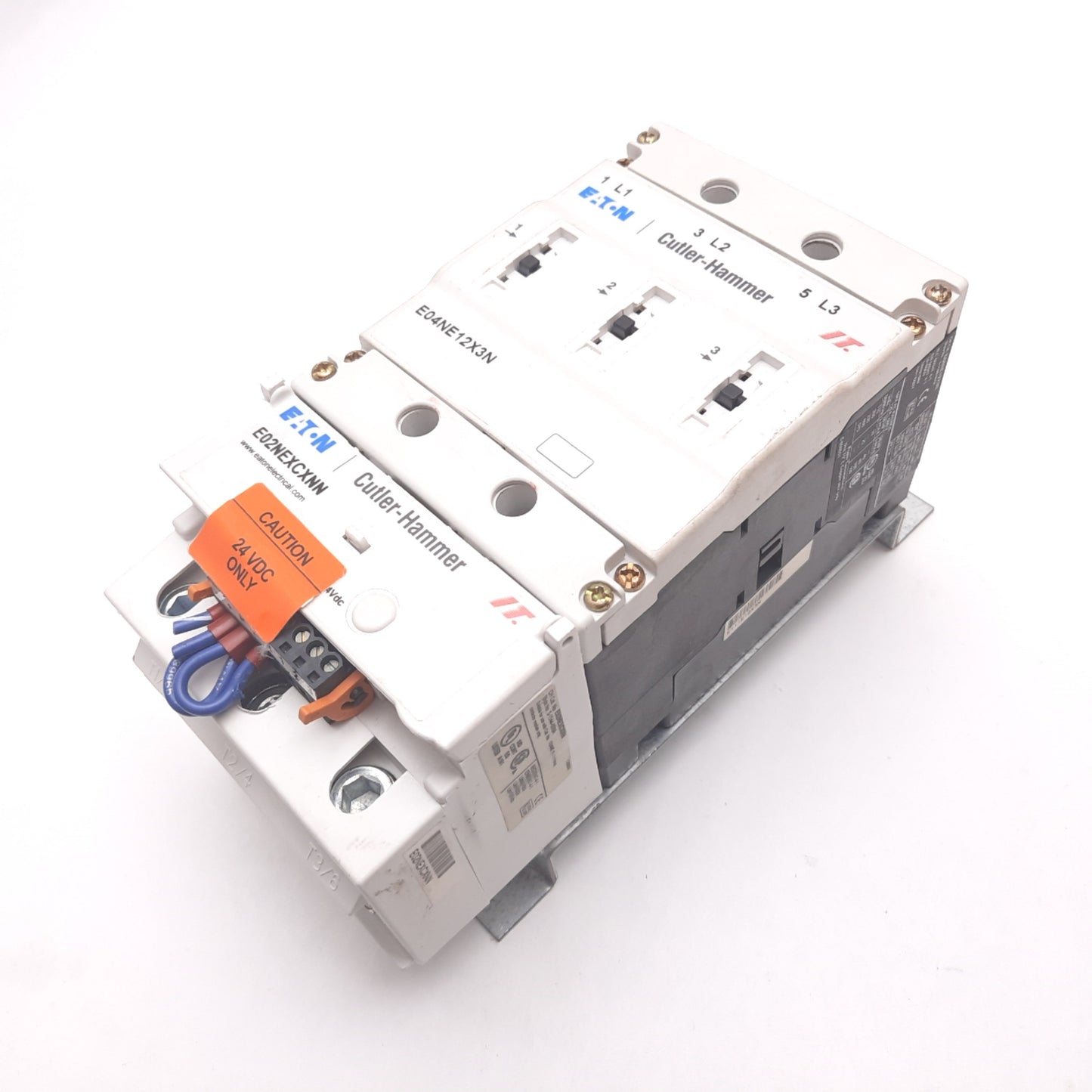 Used Eaton E04NE12X3N Contactor With E02NEXCXNN Coil, 3-Pole, Coil: 24VDC, 3-Phase