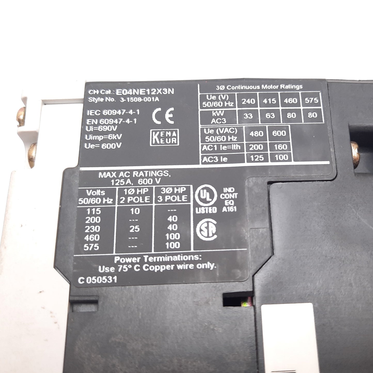 Used Eaton E04NE12X3N Contactor With E02NEXCXNN Coil, 3-Pole, Coil: 24VDC, 3-Phase