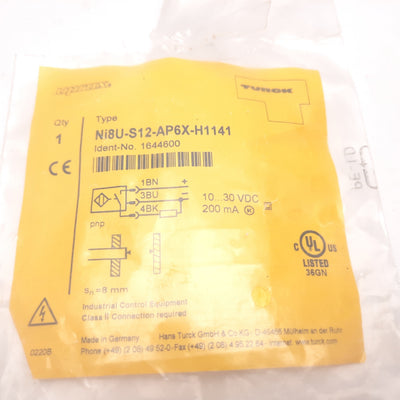 New Turck Ni8U-S12-AP6X-H1141 Inductive Proximity Sensor, 8mm, 10-30VDC, PNP N/O