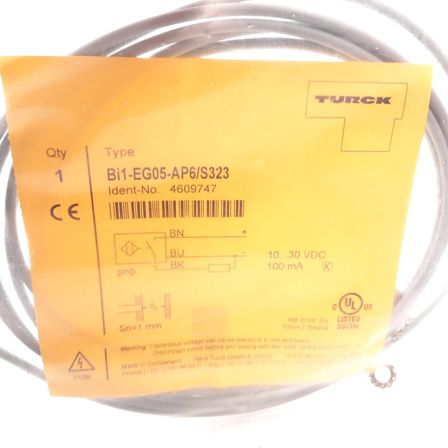 New Turck Bi1-EG05-AP6/S323 Inductive Proximity Sensor, 1mm, 10-30VDC, 100mA, PNP
