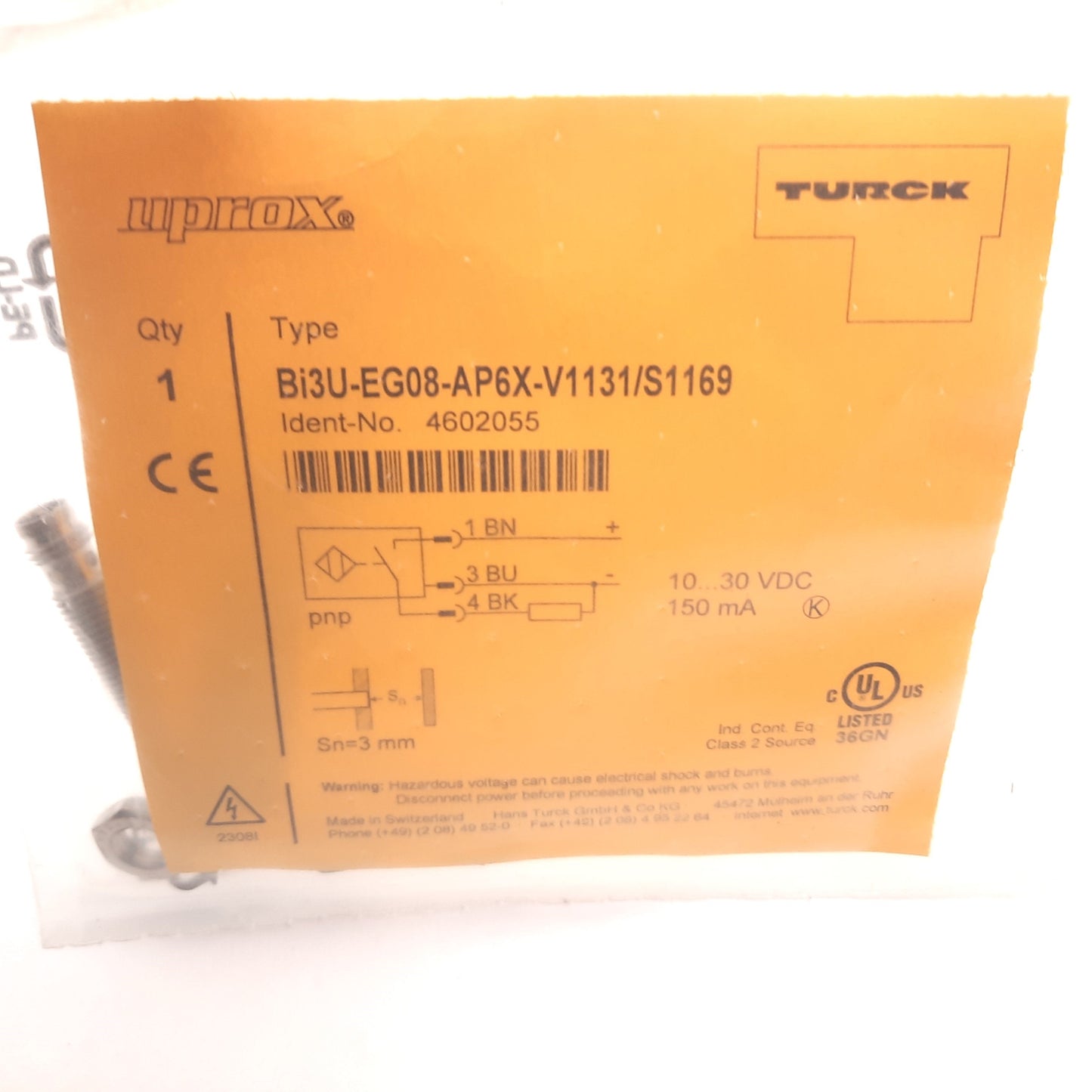 New Turck Bi3U-EG08AP6X-V1131/S1169 Inductive Proximity Sensor, 3mm, 10-30VDC, PNP