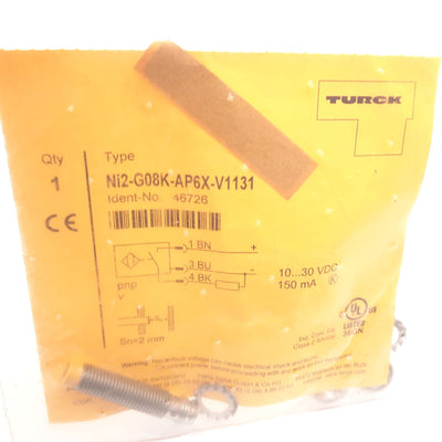 New Turck Ni2-G08K-AP6X-V1131 Inductive Proximity Sensor, 2mm, 10-30VDC, 150mA, PNP