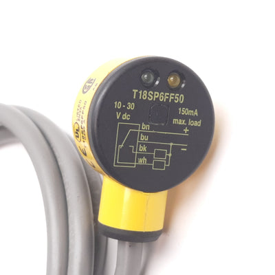 Used Banner T18SP6FF50 Photoelectric Sensor, 50mm, 10-30VDC, PNP Output, 4-Wire
