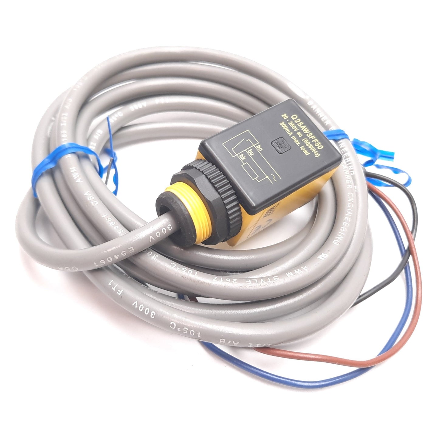 Used Banner Q25AW3FF50 Photoelectric Sensor, SPST, 50mm Range, 20-250VAC, 3-Wire