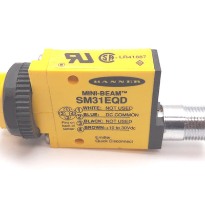 Used Banner SM31EQD Mini-Beam Photoelectric Emitter Sensor, 3m, 10-30VDC, 4-Pin M12