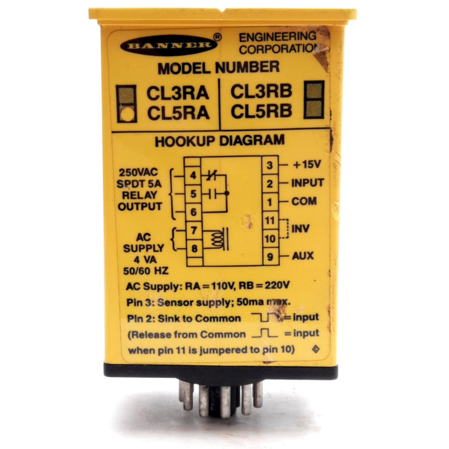 Used Banner CL5RA Maxi-Amp Logic Module, 105-130VAC / 12-28VDC, Output: SPDT 5A Relay