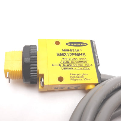 Used Banner SM312FMHS Fiber Optic Amplifier, 10-30VDC, Bipolar NPN / PNP, 4-Wire